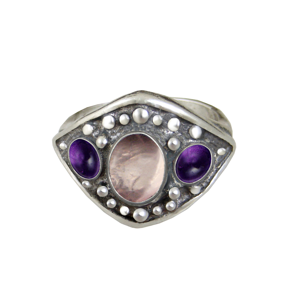 Sterling Silver Medieval Lady's Ring with Rose Quartz And Amethyst Size 7